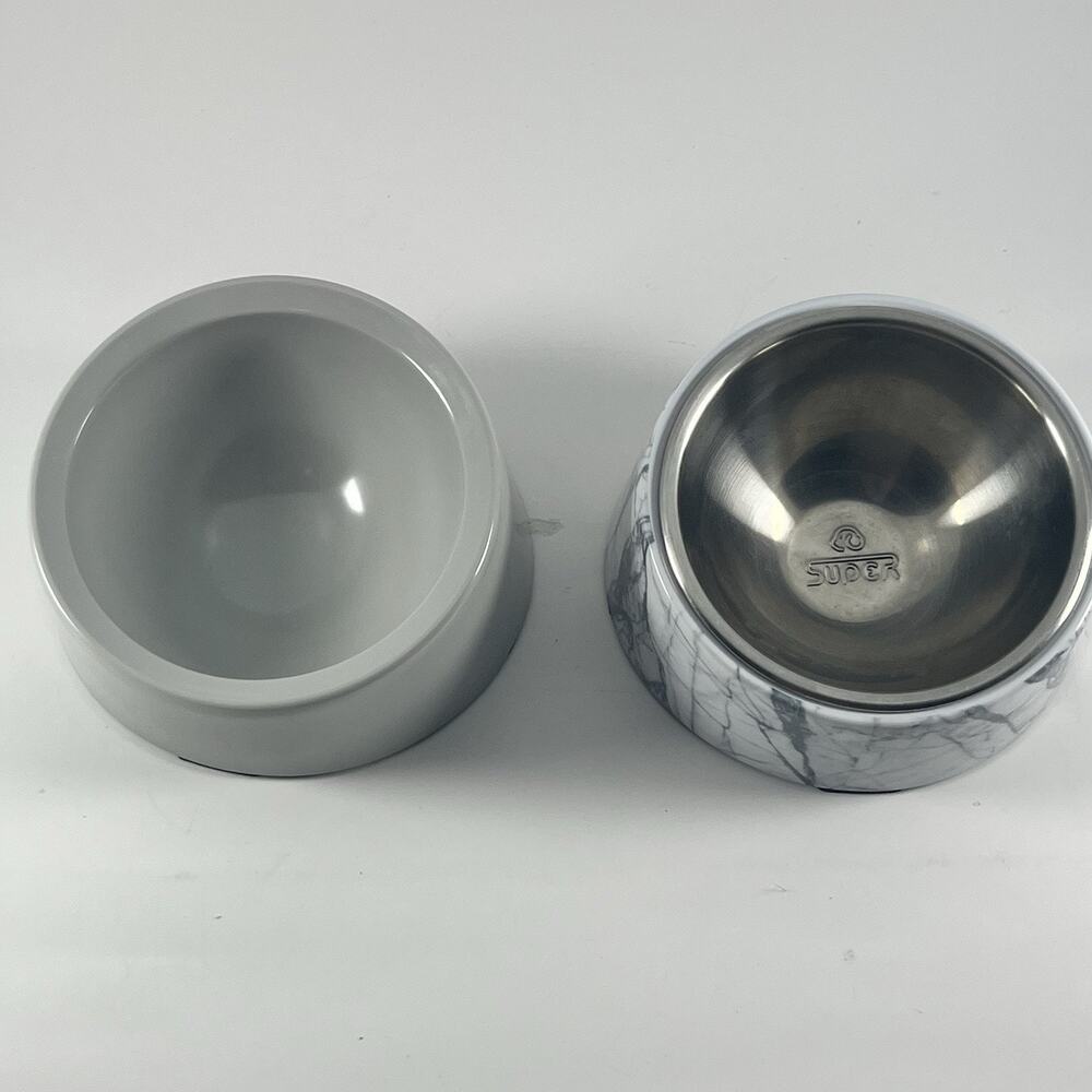 Set of 2 Tilted Pet Bowls Marble Gray Plastic w/ Stainless Insert